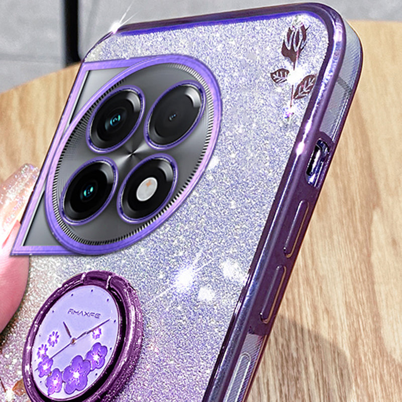 KADEM For OnePlus 11R 5G / Ace 2 5G Flower Pattern Drop-proof TPU Cover Ring Kickstand Glitter Phone Case - Blue