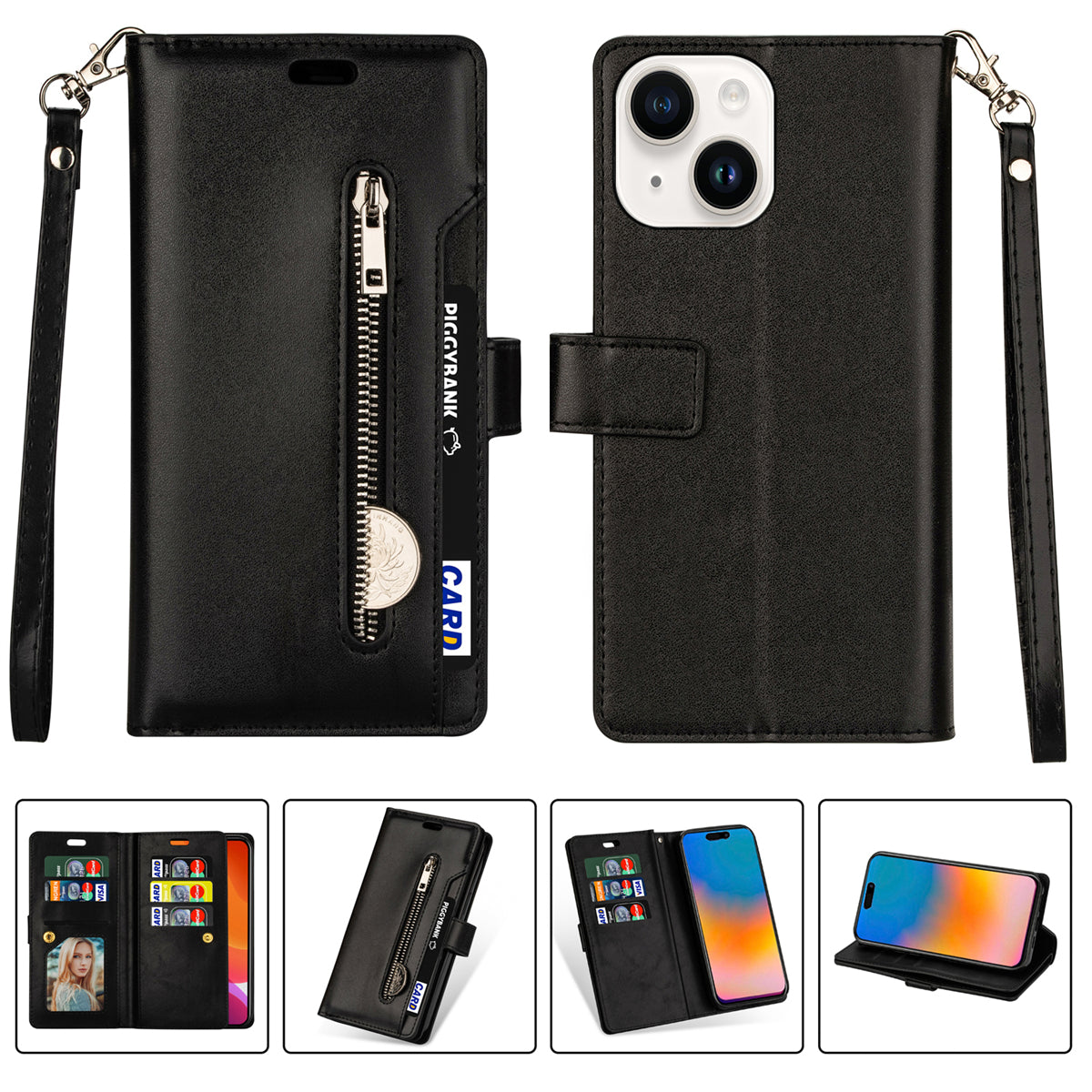Zipper Pocket Leather Phone Case for iPhone 15 , Stand Wallet Multifunctional Phone Cover - Black