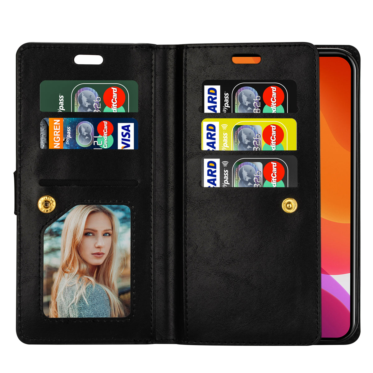 Zipper Pocket Leather Phone Case for iPhone 15 , Stand Wallet Multifunctional Phone Cover - Black