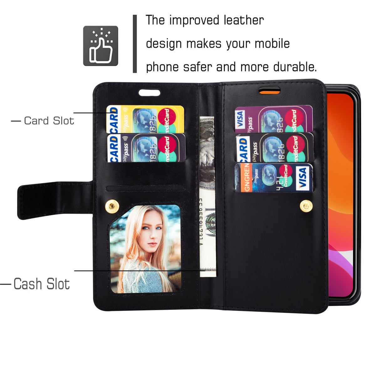 Zipper Pocket Leather Phone Case for iPhone 15 , Stand Wallet Multifunctional Phone Cover - Black