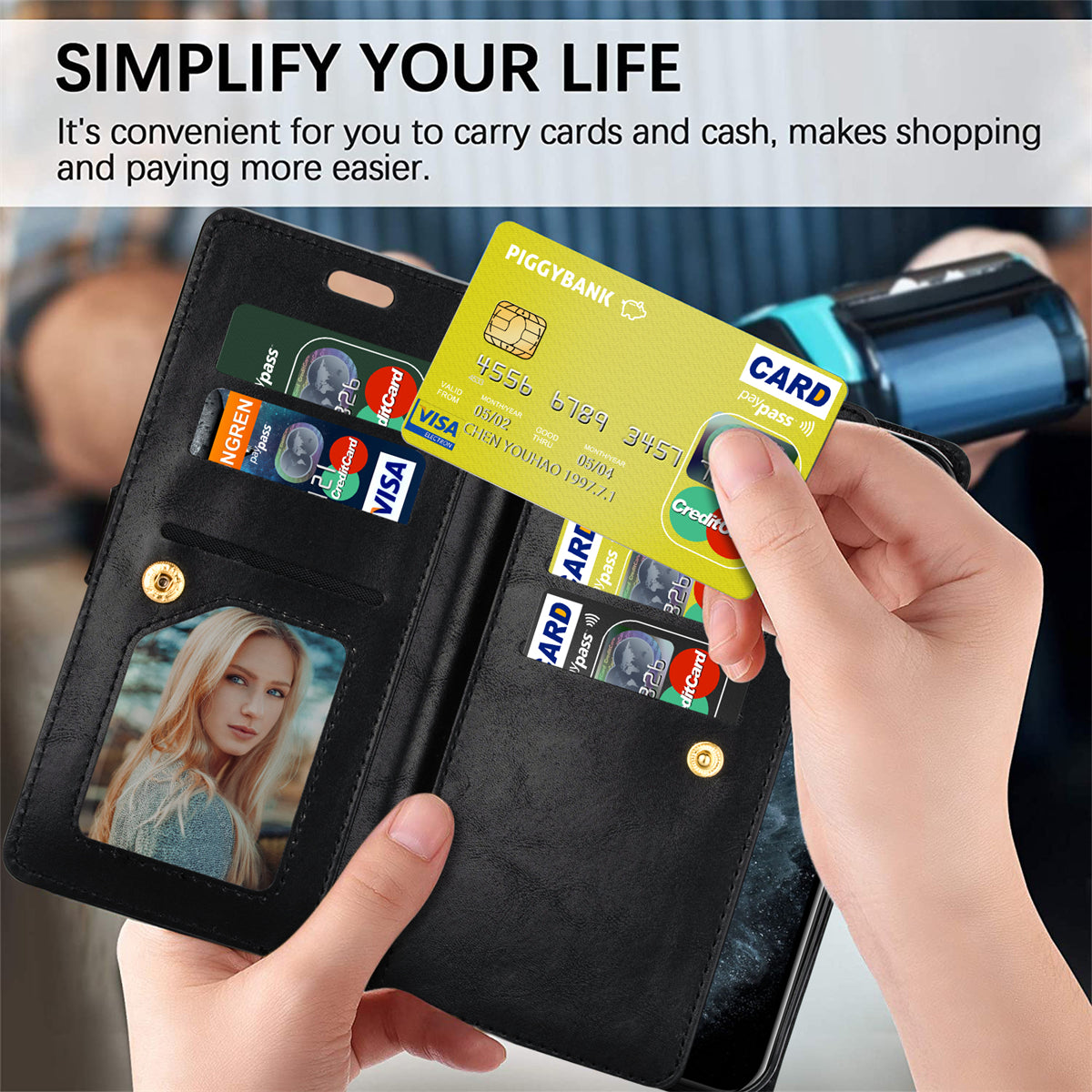 Zipper Pocket Leather Phone Case for iPhone 15 , Stand Wallet Multifunctional Phone Cover - Black