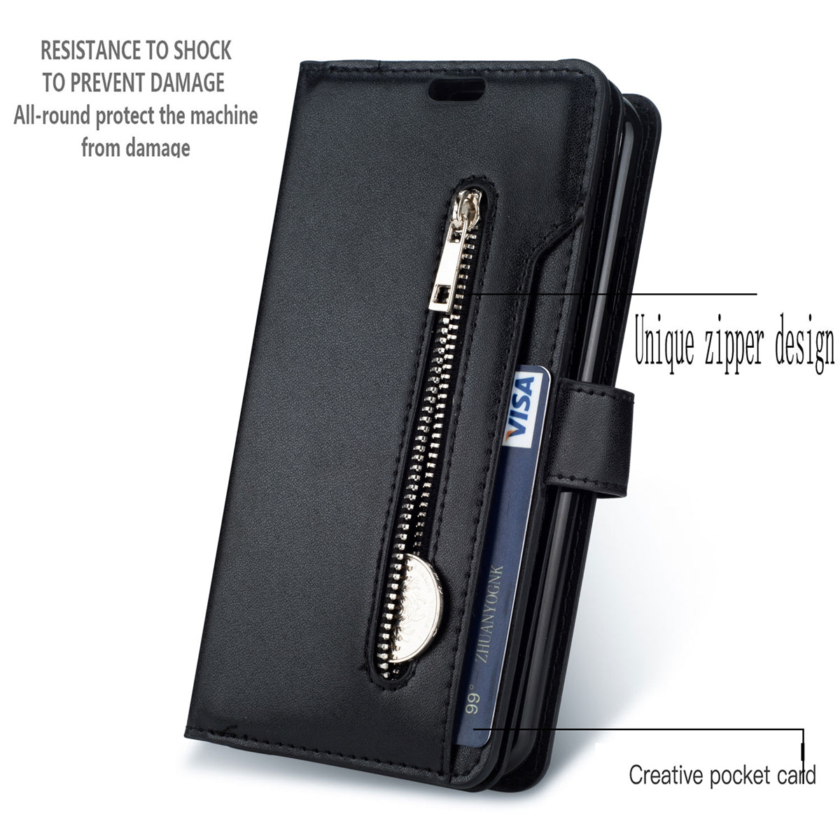 Zipper Pocket Leather Phone Case for iPhone 15 , Stand Wallet Multifunctional Phone Cover - Black