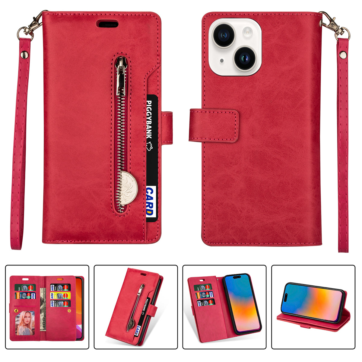 Zipper Pocket Leather Phone Case for iPhone 15 , Stand Wallet Multifunctional Phone Cover - Red