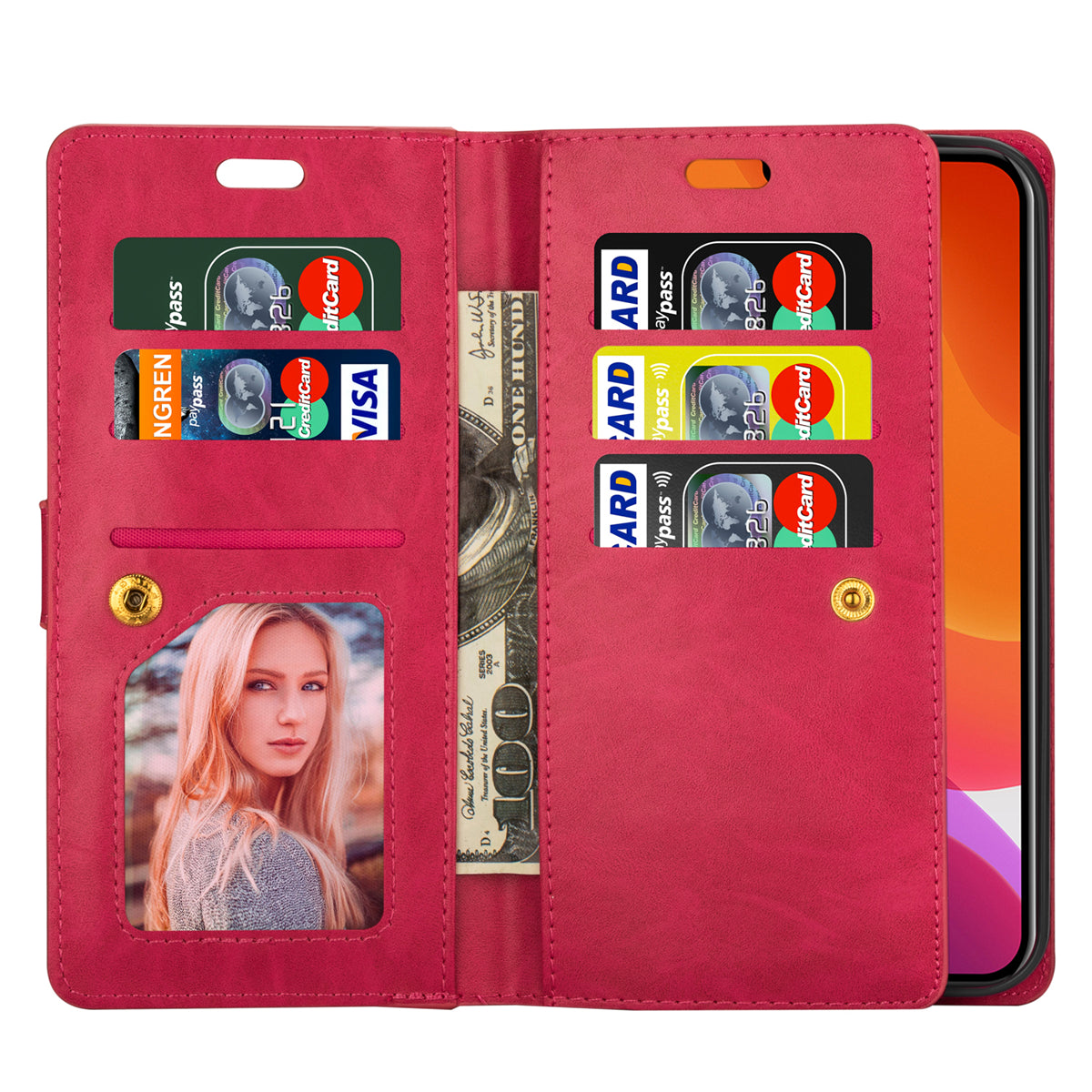 Zipper Pocket Leather Phone Case for iPhone 15 , Stand Wallet Multifunctional Phone Cover - Red