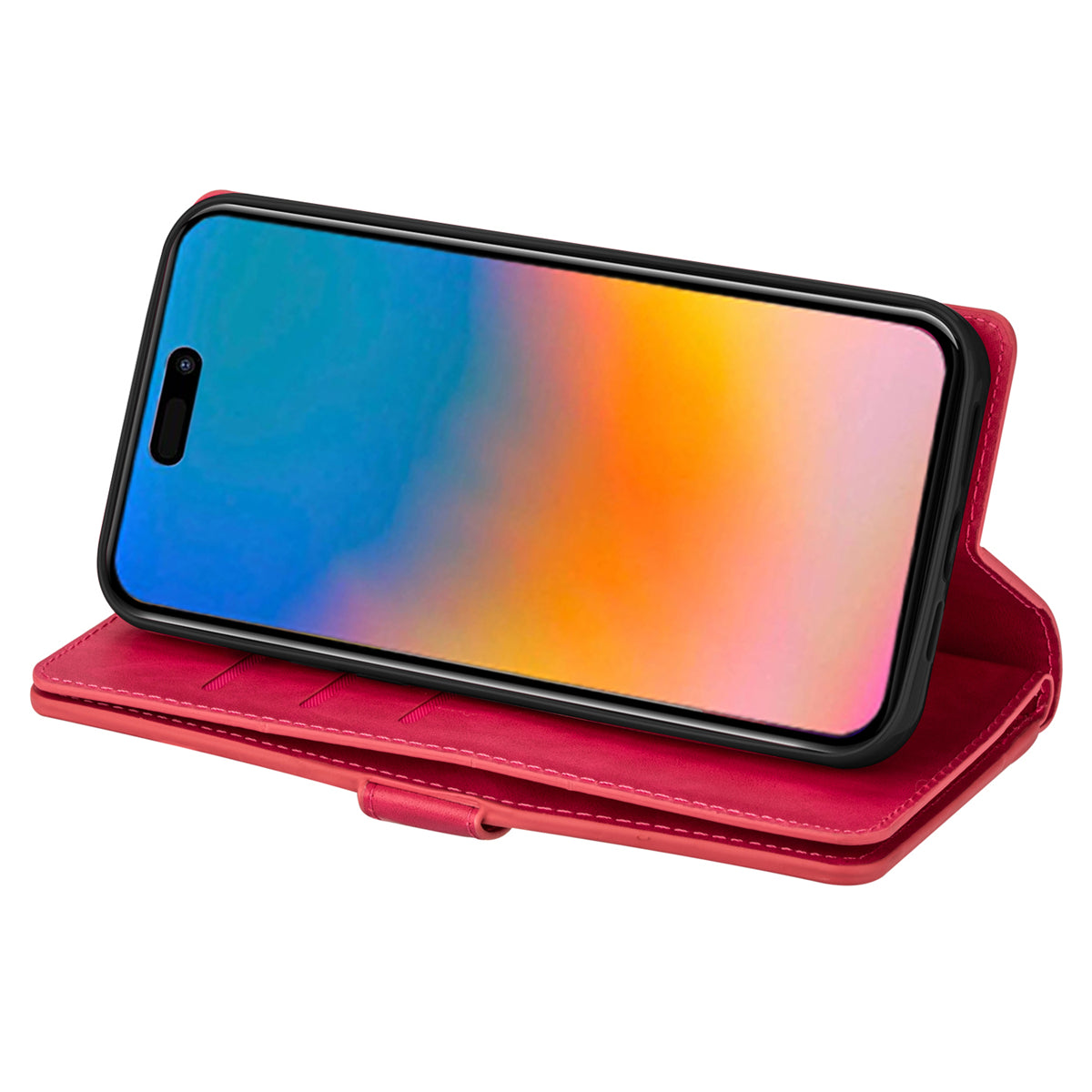 Zipper Pocket Leather Phone Case for iPhone 15 , Stand Wallet Multifunctional Phone Cover - Red