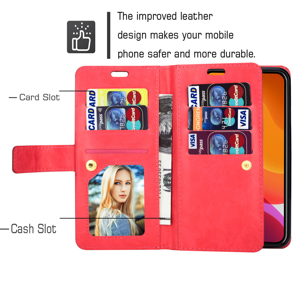 Zipper Pocket Leather Phone Case for iPhone 15 , Stand Wallet Multifunctional Phone Cover - Red