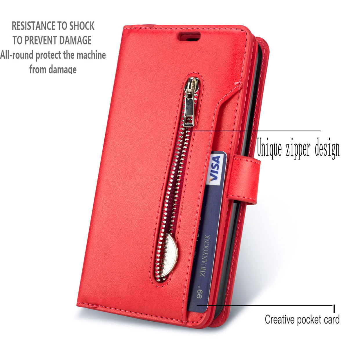 Zipper Pocket Leather Phone Case for iPhone 15 , Stand Wallet Multifunctional Phone Cover - Red