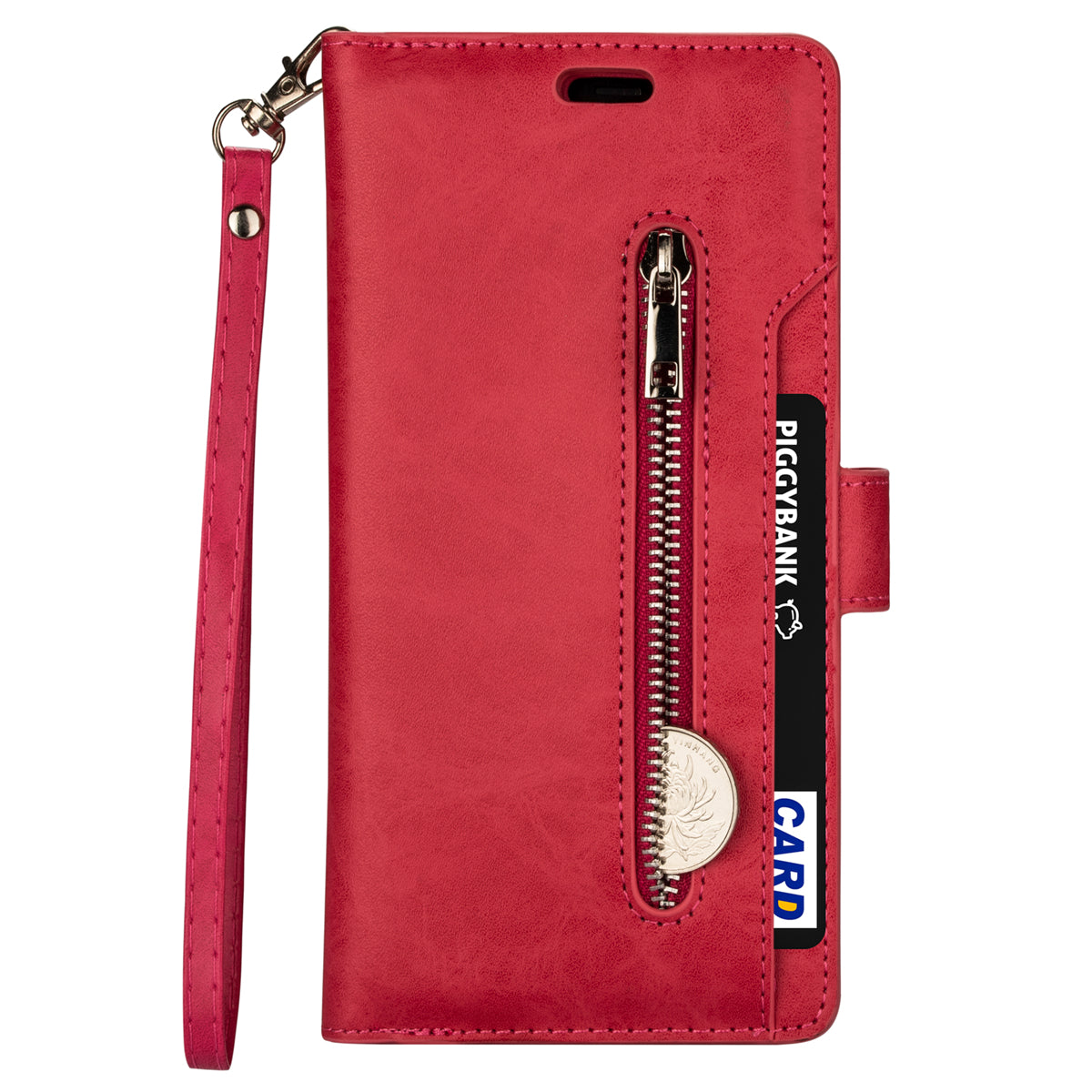 Zipper Pocket Leather Phone Case for iPhone 15 , Stand Wallet Multifunctional Phone Cover - Red