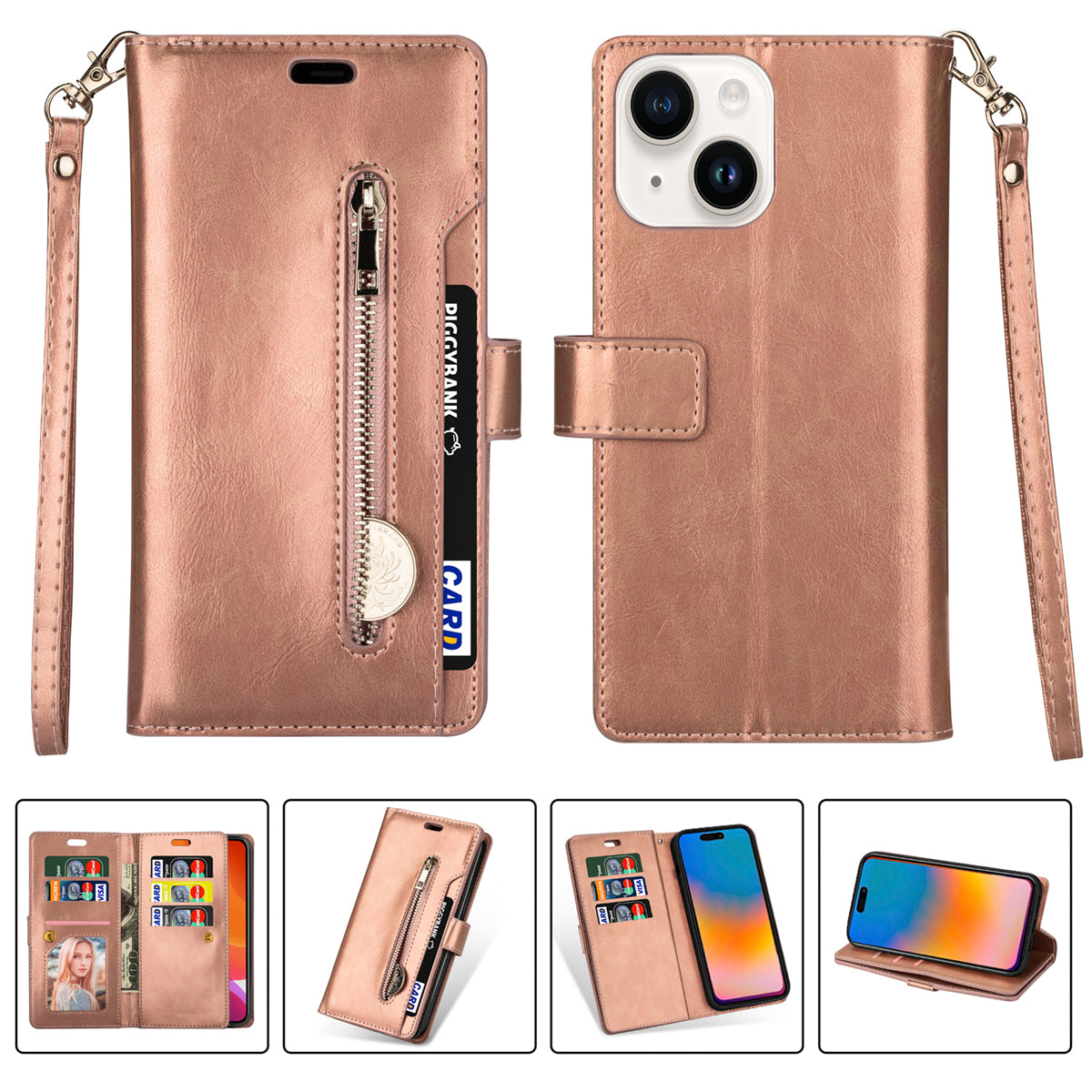 Zipper Pocket Leather Phone Case for iPhone 15 , Stand Wallet Multifunctional Phone Cover - Rose Gold