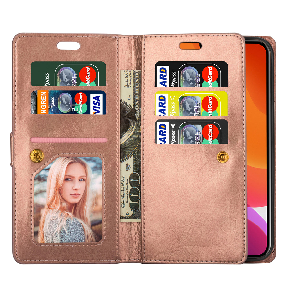 Zipper Pocket Leather Phone Case for iPhone 15 , Stand Wallet Multifunctional Phone Cover - Rose Gold