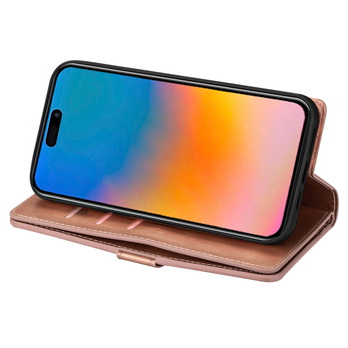 Zipper Pocket Leather Phone Case for iPhone 15 , Stand Wallet Multifunctional Phone Cover - Rose Gold