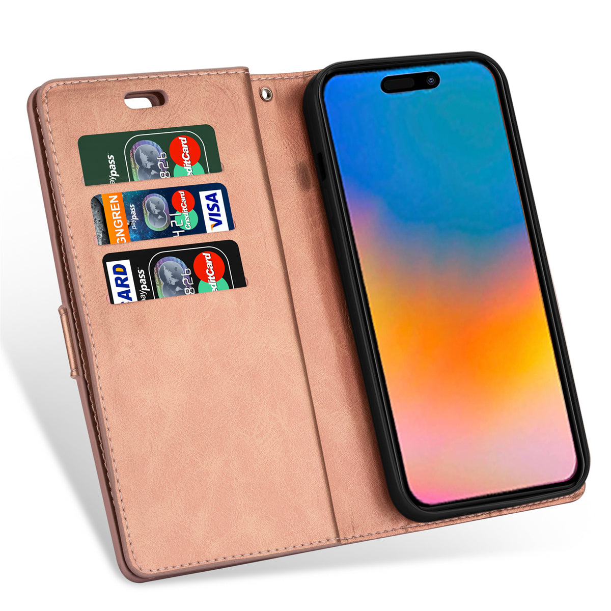 Zipper Pocket Leather Phone Case for iPhone 15 , Stand Wallet Multifunctional Phone Cover - Rose Gold