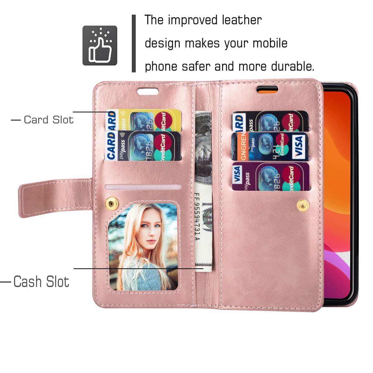 Zipper Pocket Leather Phone Case for iPhone 15 , Stand Wallet Multifunctional Phone Cover - Rose Gold