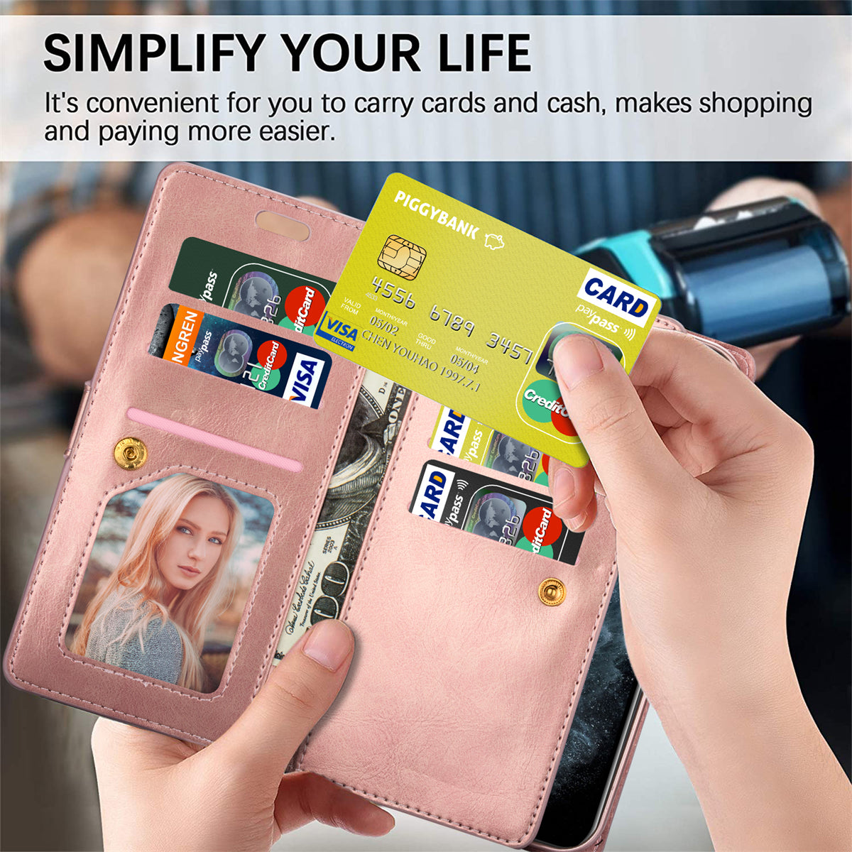 Zipper Pocket Leather Phone Case for iPhone 15 , Stand Wallet Multifunctional Phone Cover - Rose Gold