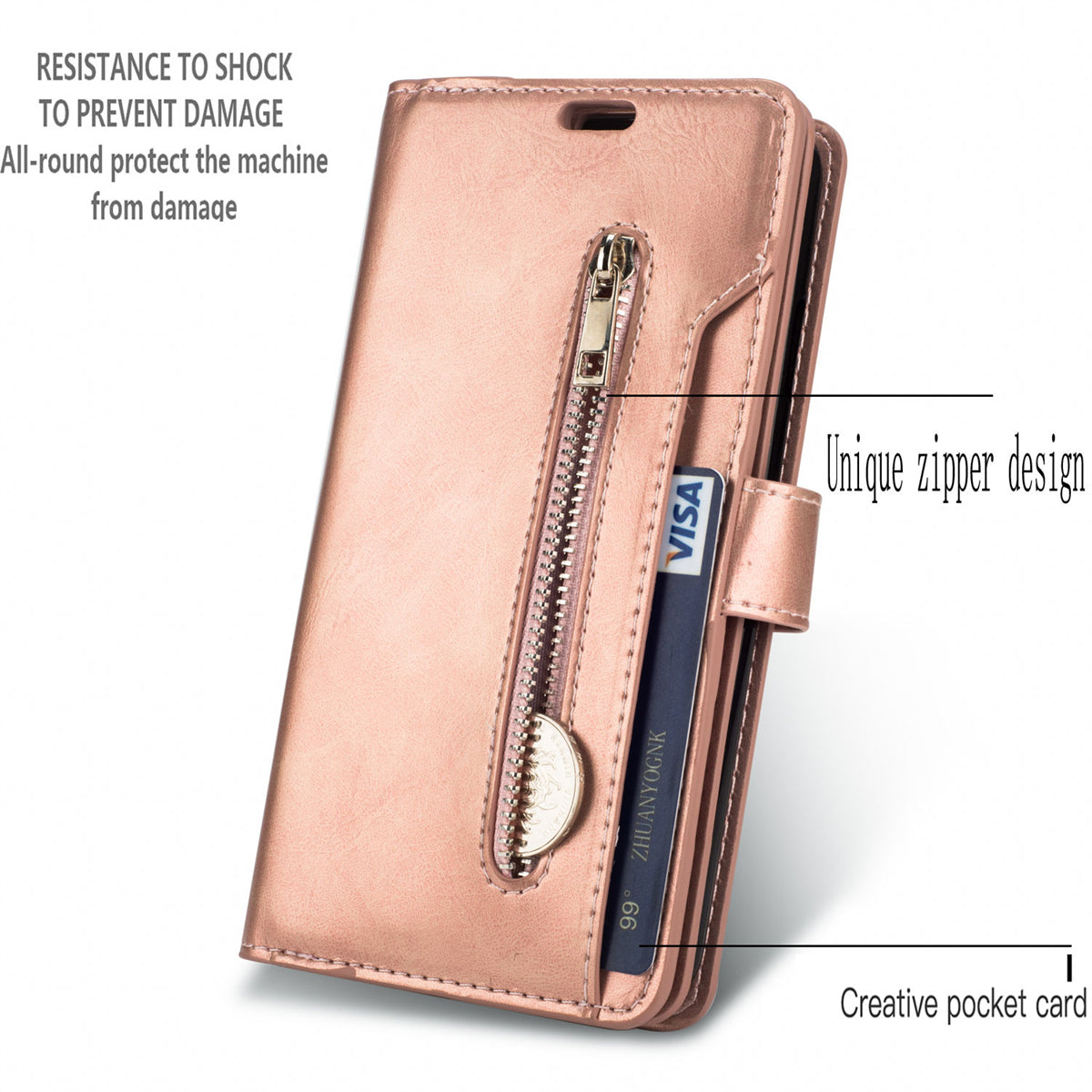 Zipper Pocket Leather Phone Case for iPhone 15 , Stand Wallet Multifunctional Phone Cover - Rose Gold
