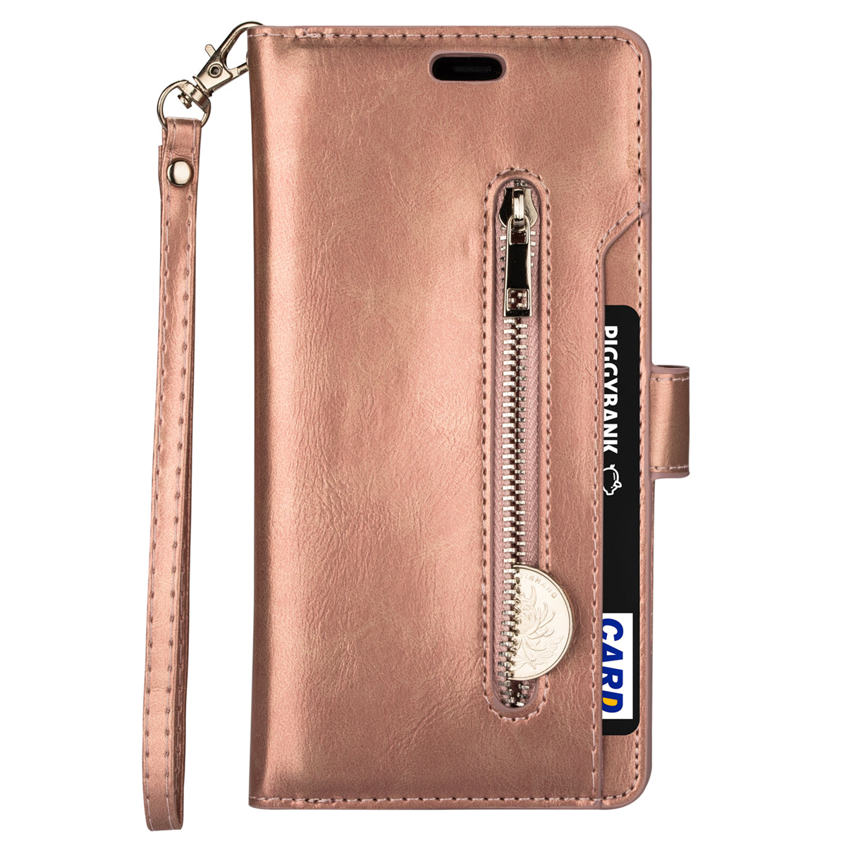 Zipper Pocket Leather Phone Case for iPhone 15 , Stand Wallet Multifunctional Phone Cover - Rose Gold