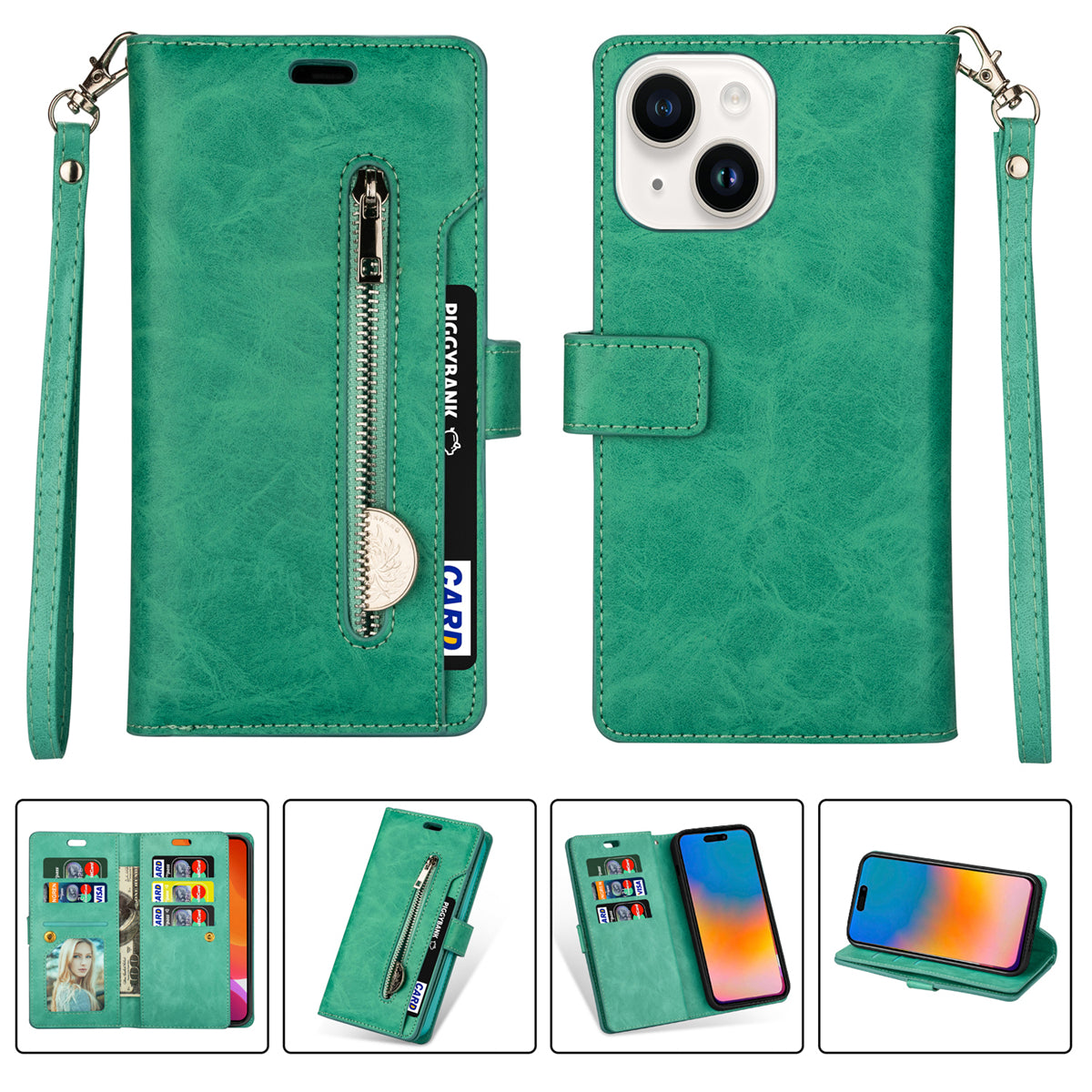 Zipper Pocket Leather Phone Case for iPhone 15 , Stand Wallet Multifunctional Phone Cover - Green