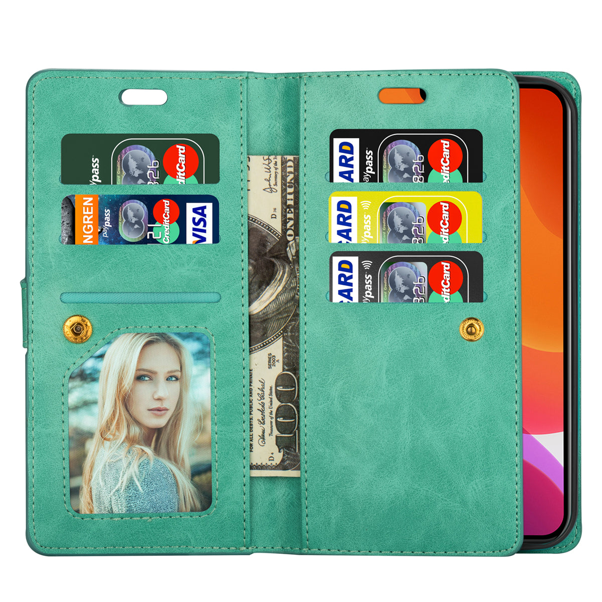Zipper Pocket Leather Phone Case for iPhone 15 , Stand Wallet Multifunctional Phone Cover - Green