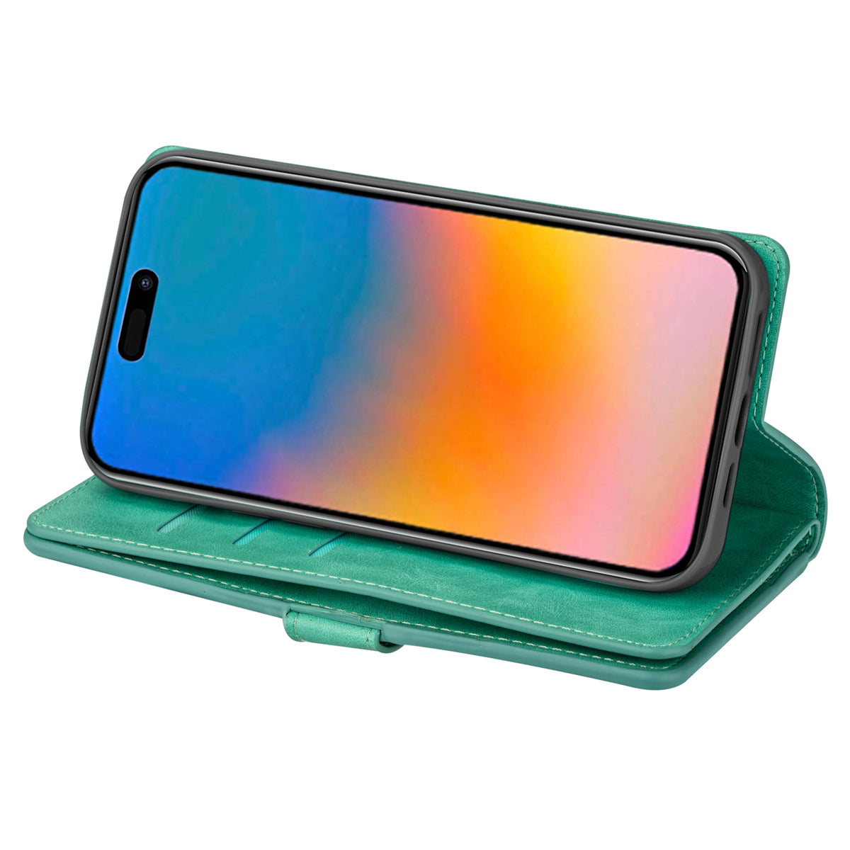 Zipper Pocket Leather Phone Case for iPhone 15 , Stand Wallet Multifunctional Phone Cover - Green