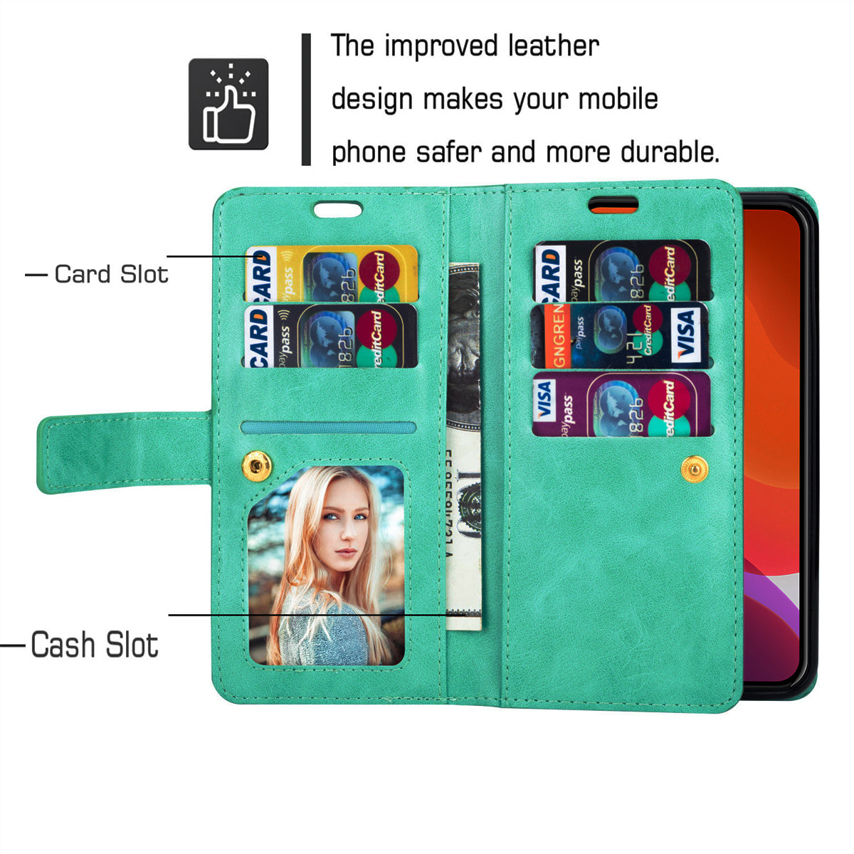 Zipper Pocket Leather Phone Case for iPhone 15 , Stand Wallet Multifunctional Phone Cover - Green