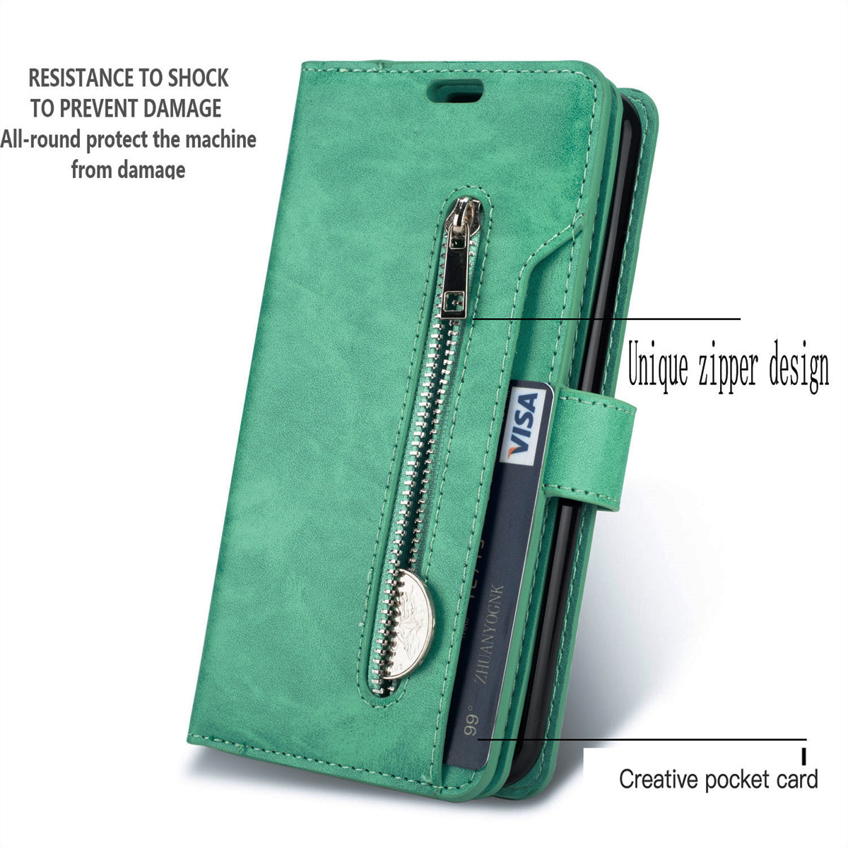 Zipper Pocket Leather Phone Case for iPhone 15 , Stand Wallet Multifunctional Phone Cover - Green