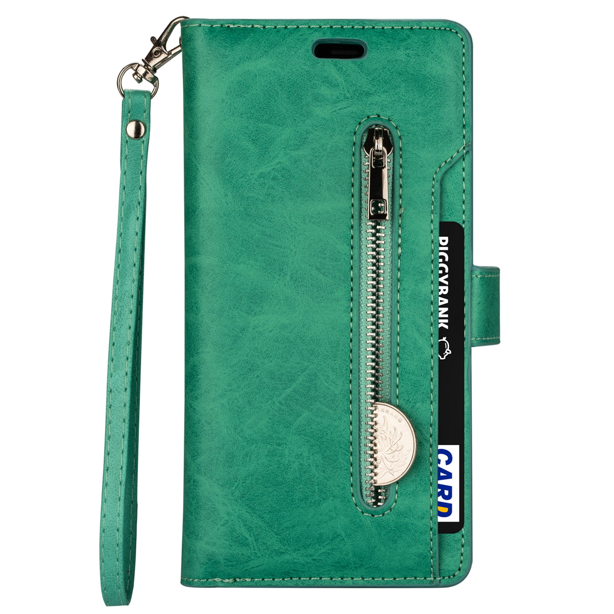 Zipper Pocket Leather Phone Case for iPhone 15 , Stand Wallet Multifunctional Phone Cover - Green