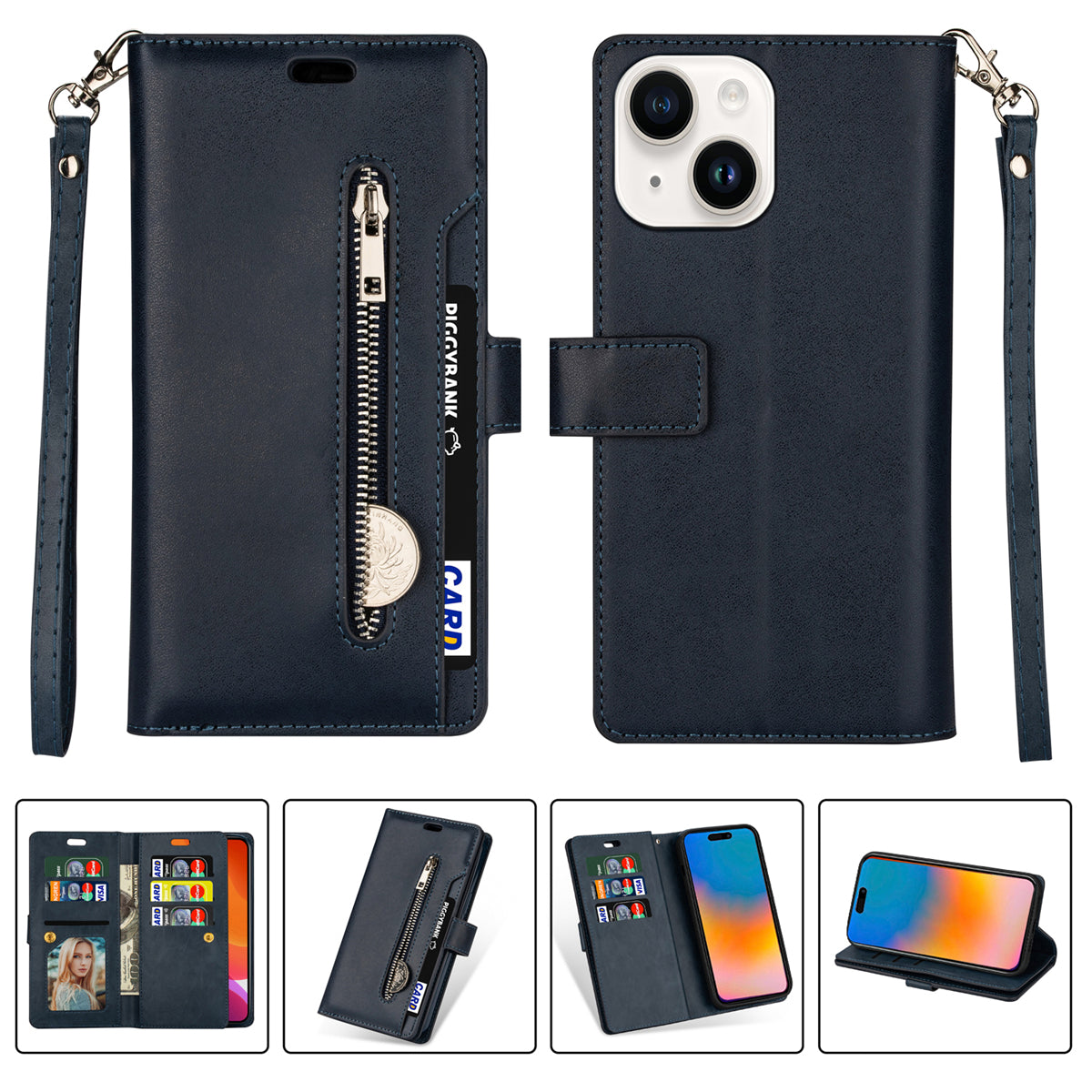 Zipper Pocket Leather Phone Case for iPhone 15 , Stand Wallet Multifunctional Phone Cover - Dark Blue