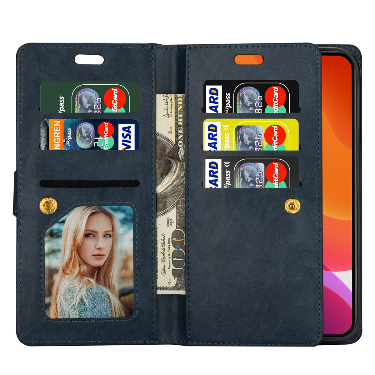 Zipper Pocket Leather Phone Case for iPhone 15 , Stand Wallet Multifunctional Phone Cover - Dark Blue