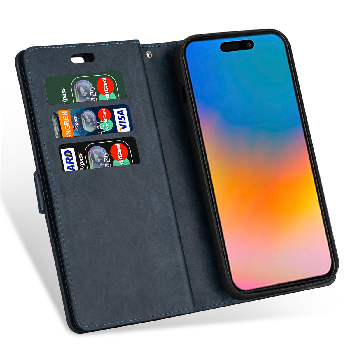 Zipper Pocket Leather Phone Case for iPhone 15 , Stand Wallet Multifunctional Phone Cover - Dark Blue