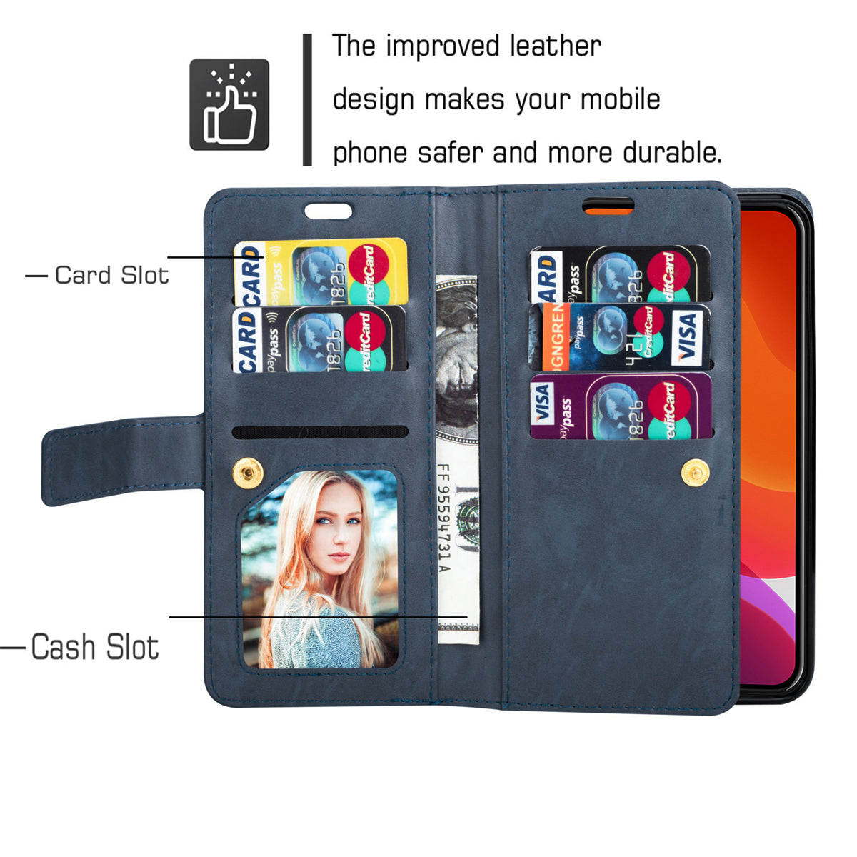 Zipper Pocket Leather Phone Case for iPhone 15 , Stand Wallet Multifunctional Phone Cover - Dark Blue