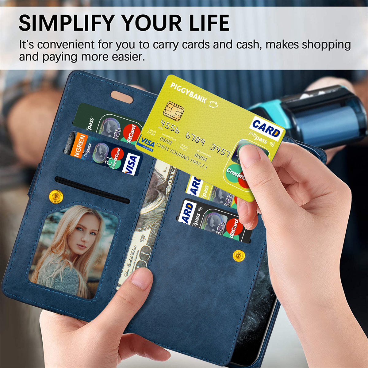 Zipper Pocket Leather Phone Case for iPhone 15 , Stand Wallet Multifunctional Phone Cover - Dark Blue