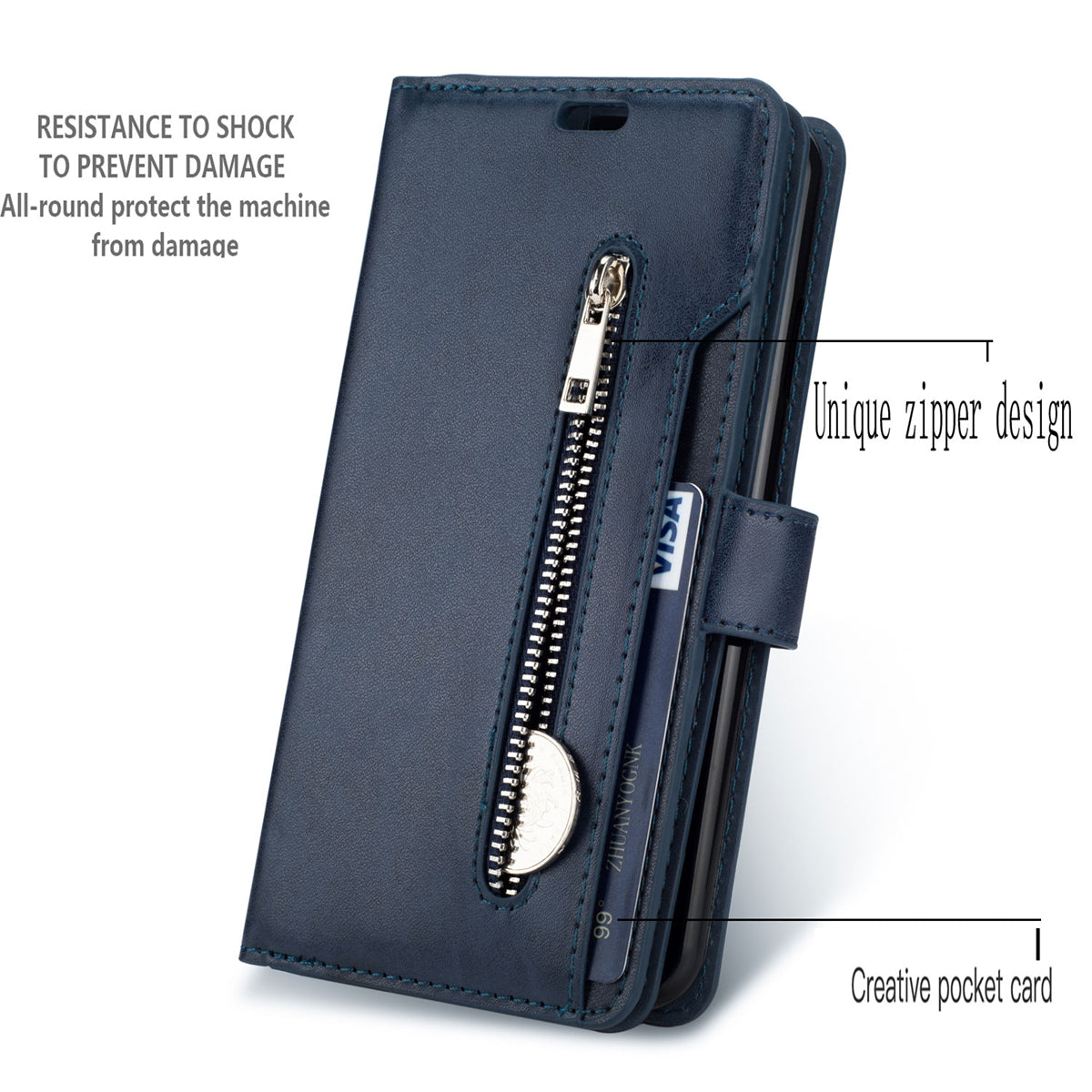 Zipper Pocket Leather Phone Case for iPhone 15 , Stand Wallet Multifunctional Phone Cover - Dark Blue