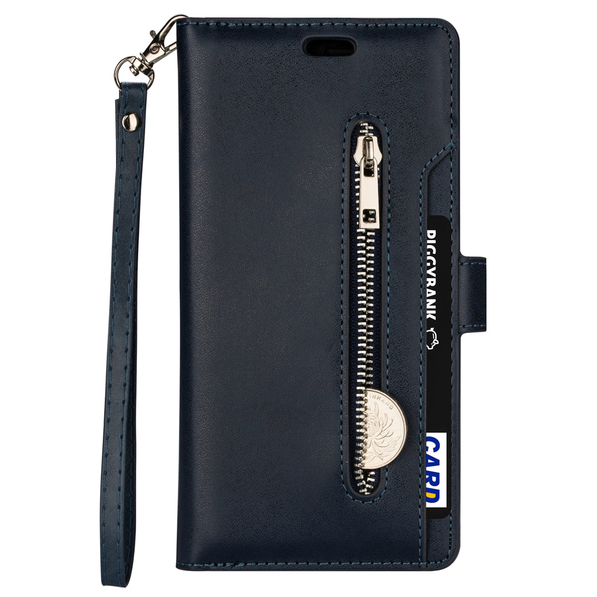 Zipper Pocket Leather Phone Case for iPhone 15 , Stand Wallet Multifunctional Phone Cover - Dark Blue