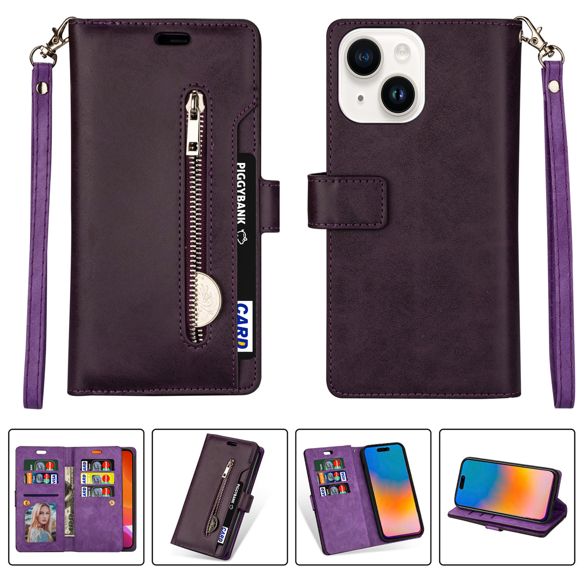 Zipper Pocket Leather Phone Case for iPhone 15 , Stand Wallet Multifunctional Phone Cover - Purple