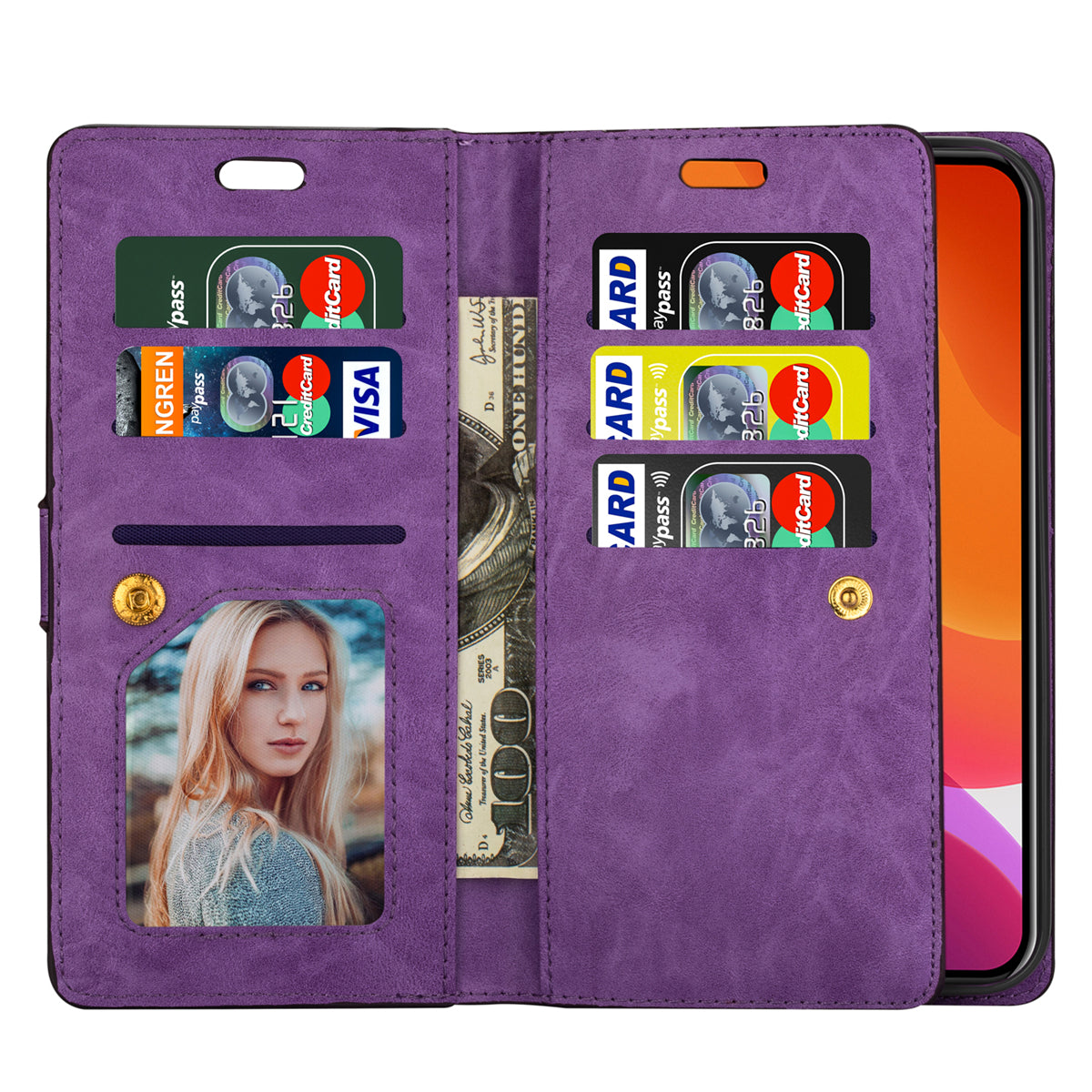 Zipper Pocket Leather Phone Case for iPhone 15 , Stand Wallet Multifunctional Phone Cover - Purple