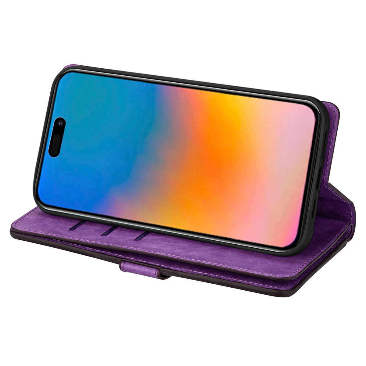 Zipper Pocket Leather Phone Case for iPhone 15 , Stand Wallet Multifunctional Phone Cover - Purple