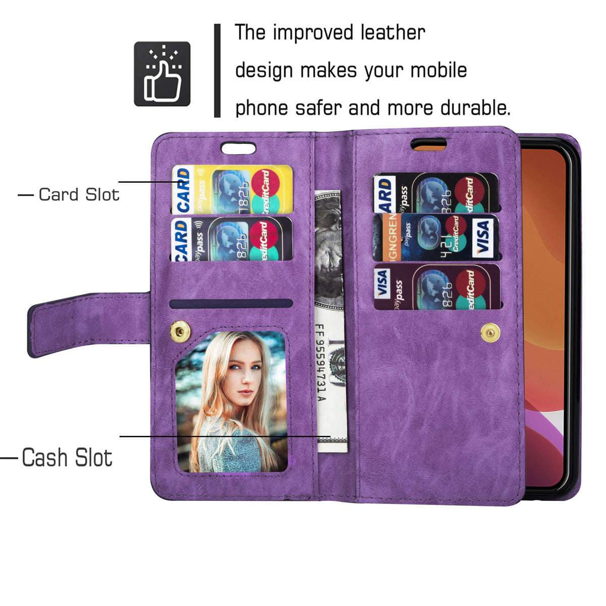 Zipper Pocket Leather Phone Case for iPhone 15 , Stand Wallet Multifunctional Phone Cover - Purple