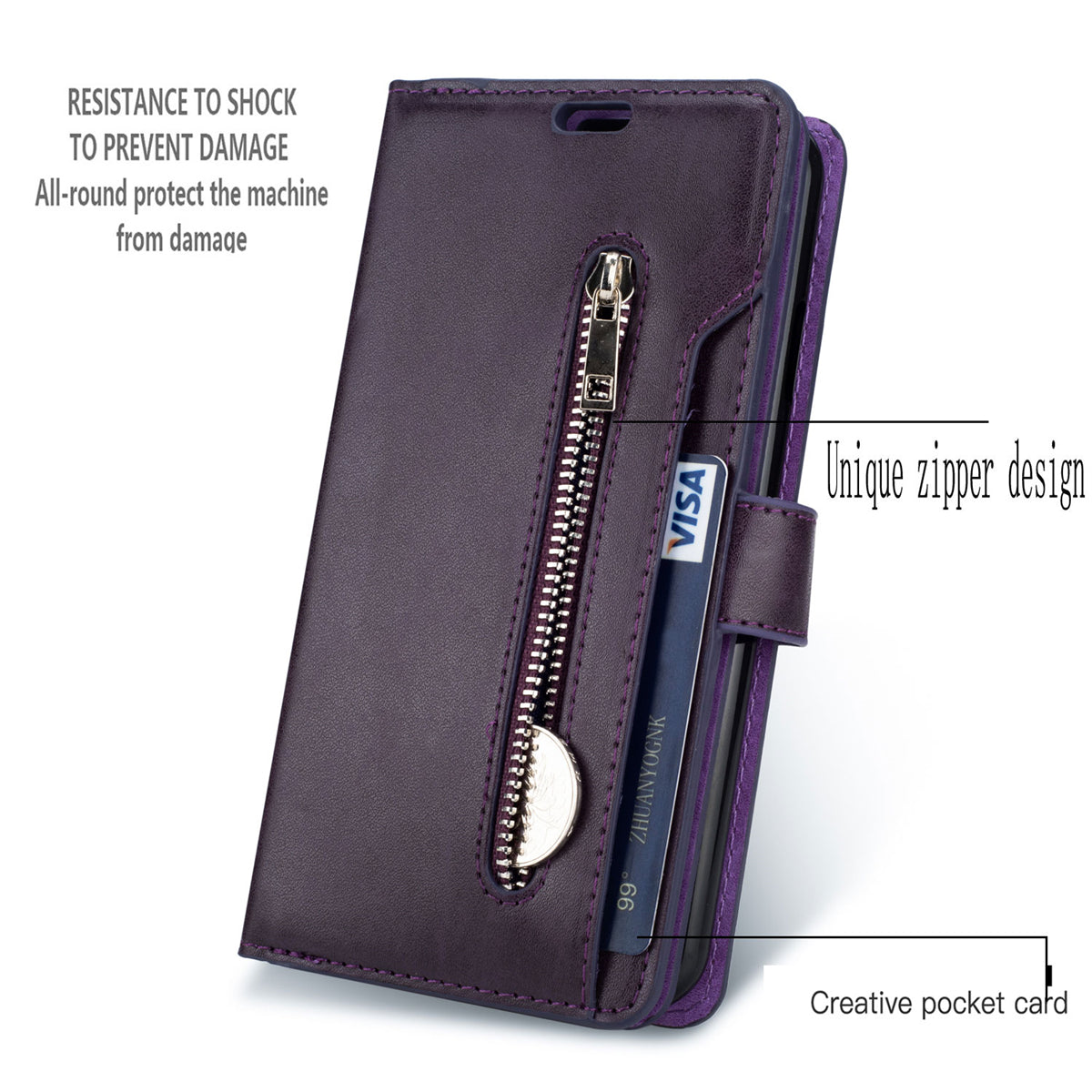 Zipper Pocket Leather Phone Case for iPhone 15 , Stand Wallet Multifunctional Phone Cover - Purple
