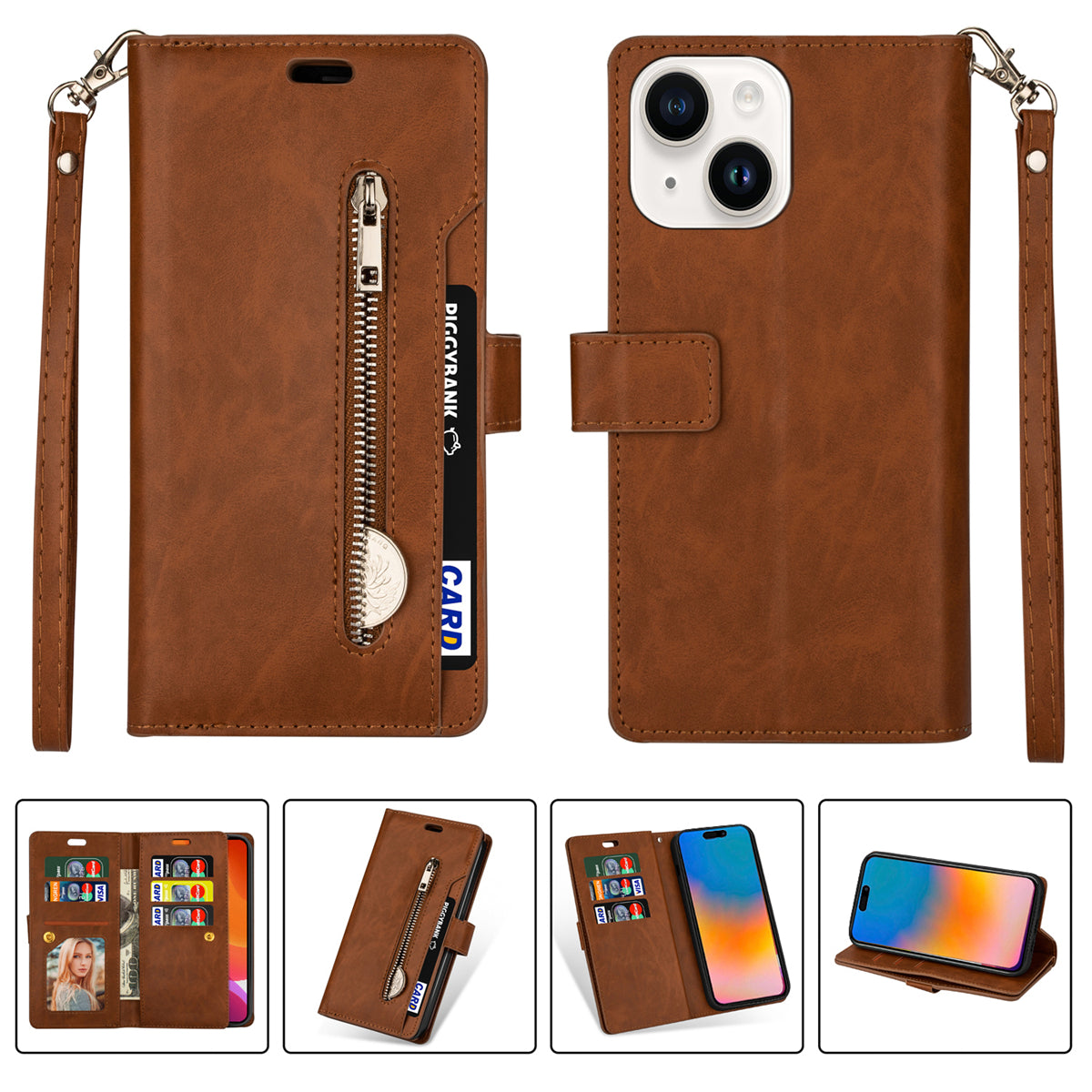 Zipper Pocket Leather Phone Case for iPhone 15 , Stand Wallet Multifunctional Phone Cover - Brown
