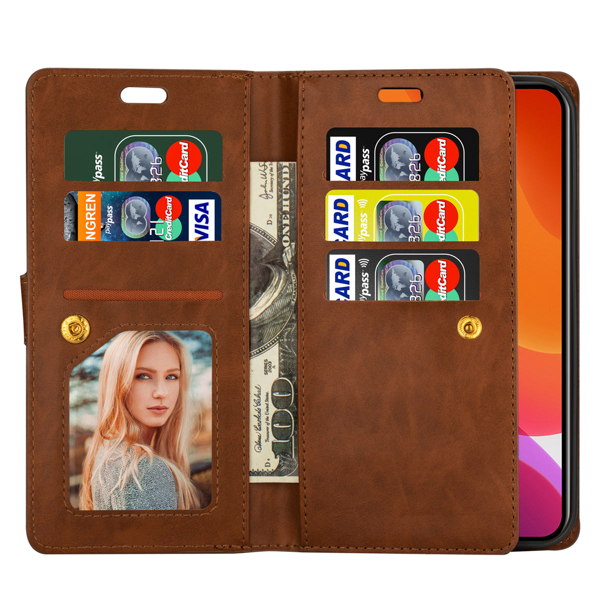 Zipper Pocket Leather Phone Case for iPhone 15 , Stand Wallet Multifunctional Phone Cover - Brown