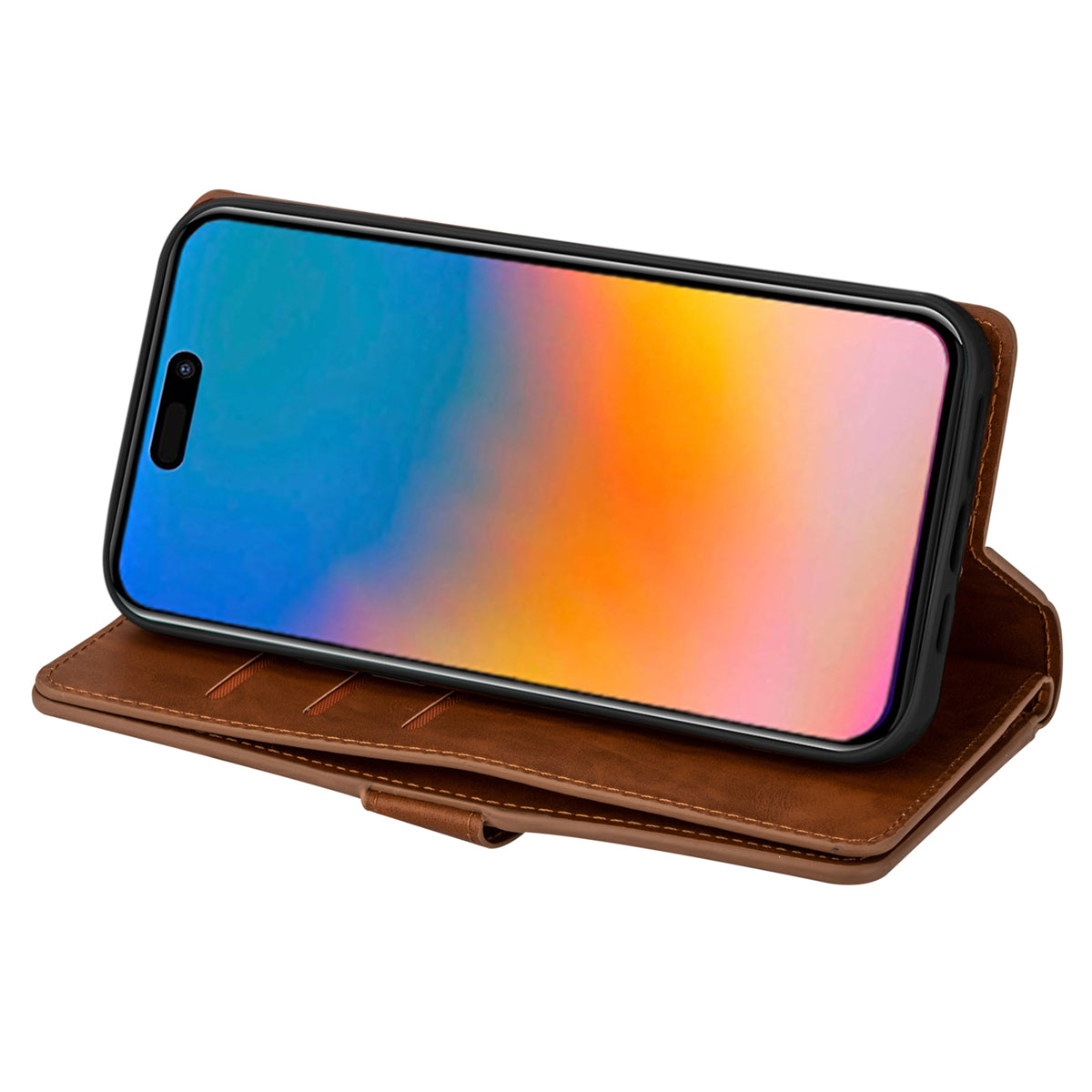 Zipper Pocket Leather Phone Case for iPhone 15 , Stand Wallet Multifunctional Phone Cover - Brown