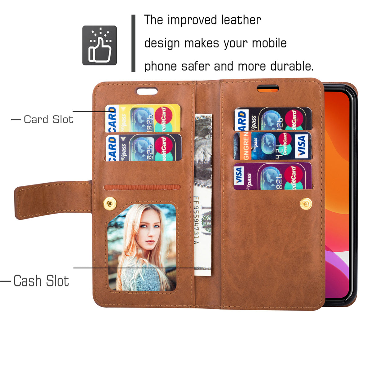 Zipper Pocket Leather Phone Case for iPhone 15 , Stand Wallet Multifunctional Phone Cover - Brown