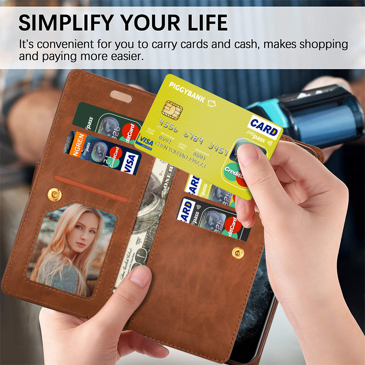 Zipper Pocket Leather Phone Case for iPhone 15 , Stand Wallet Multifunctional Phone Cover - Brown