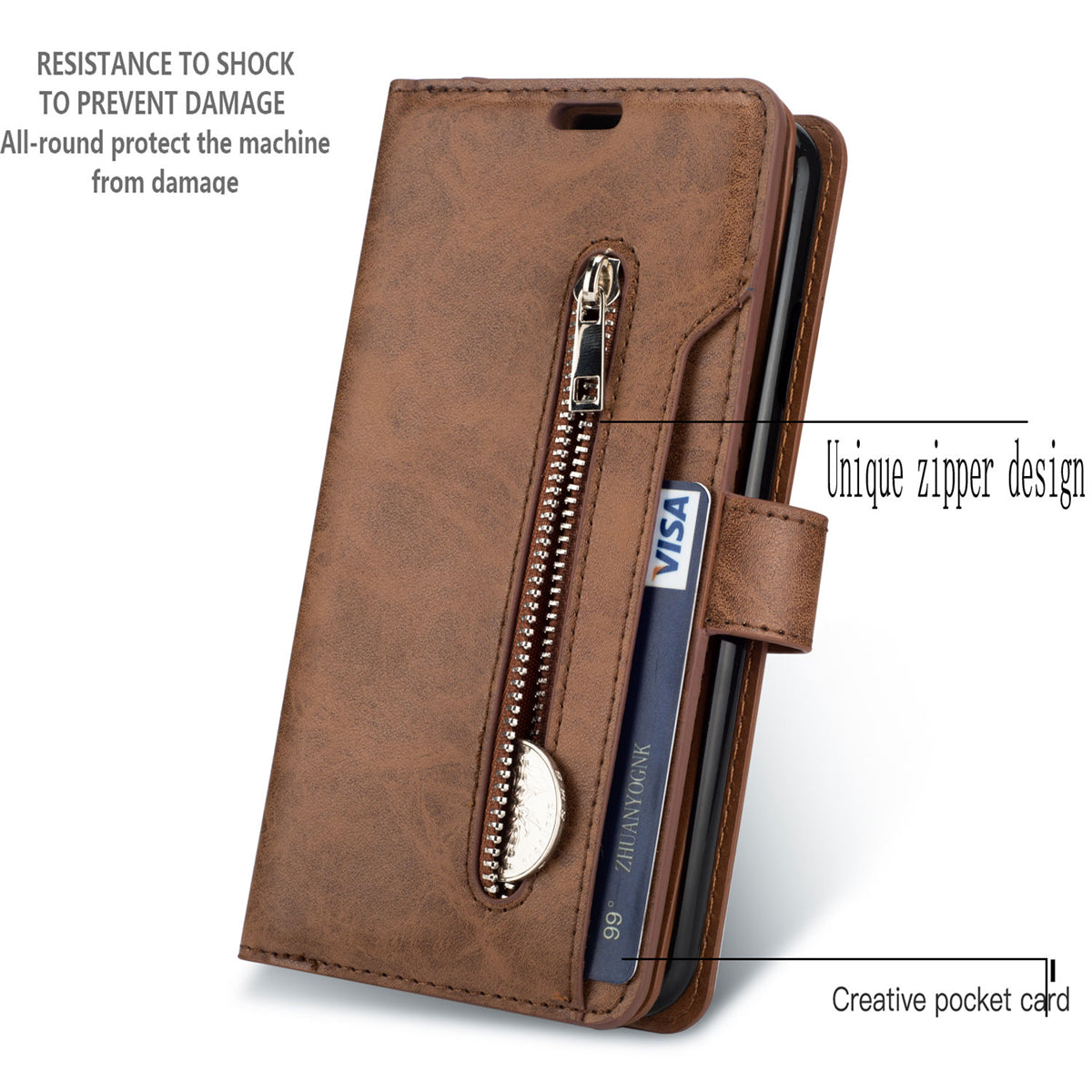 Zipper Pocket Leather Phone Case for iPhone 15 , Stand Wallet Multifunctional Phone Cover - Brown