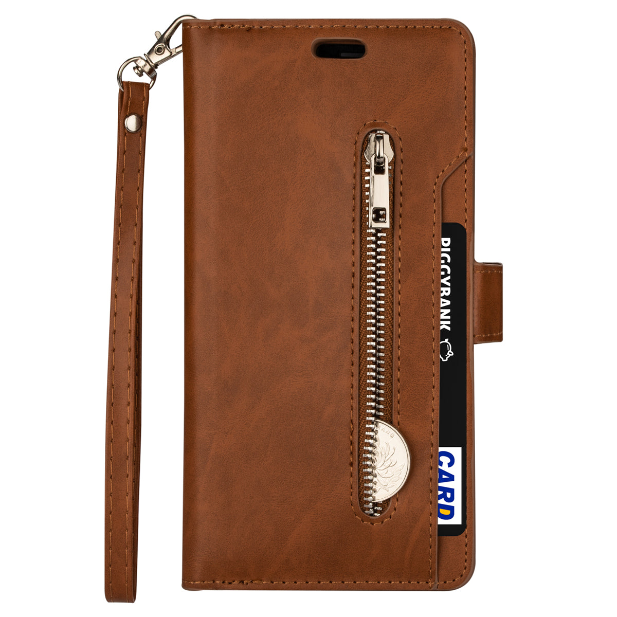 Zipper Pocket Leather Phone Case for iPhone 15 , Stand Wallet Multifunctional Phone Cover - Brown