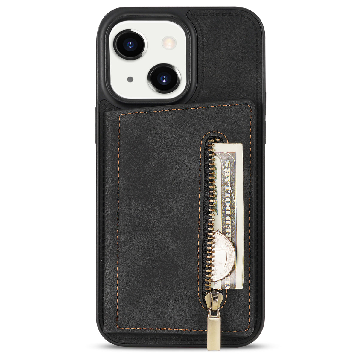 Zipper Pocket Leather Coated TPU Case for iPhone 15 , Kickstand Wallet Cell Phone Cover - Black