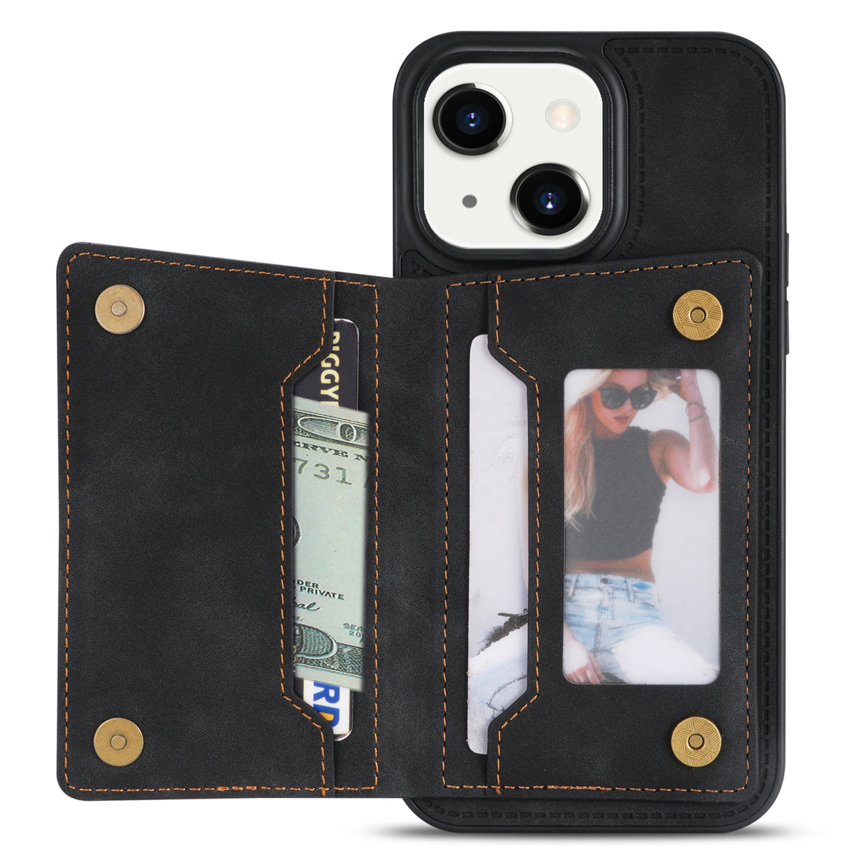 Zipper Pocket Leather Coated TPU Case for iPhone 15 , Kickstand Wallet Cell Phone Cover - Black