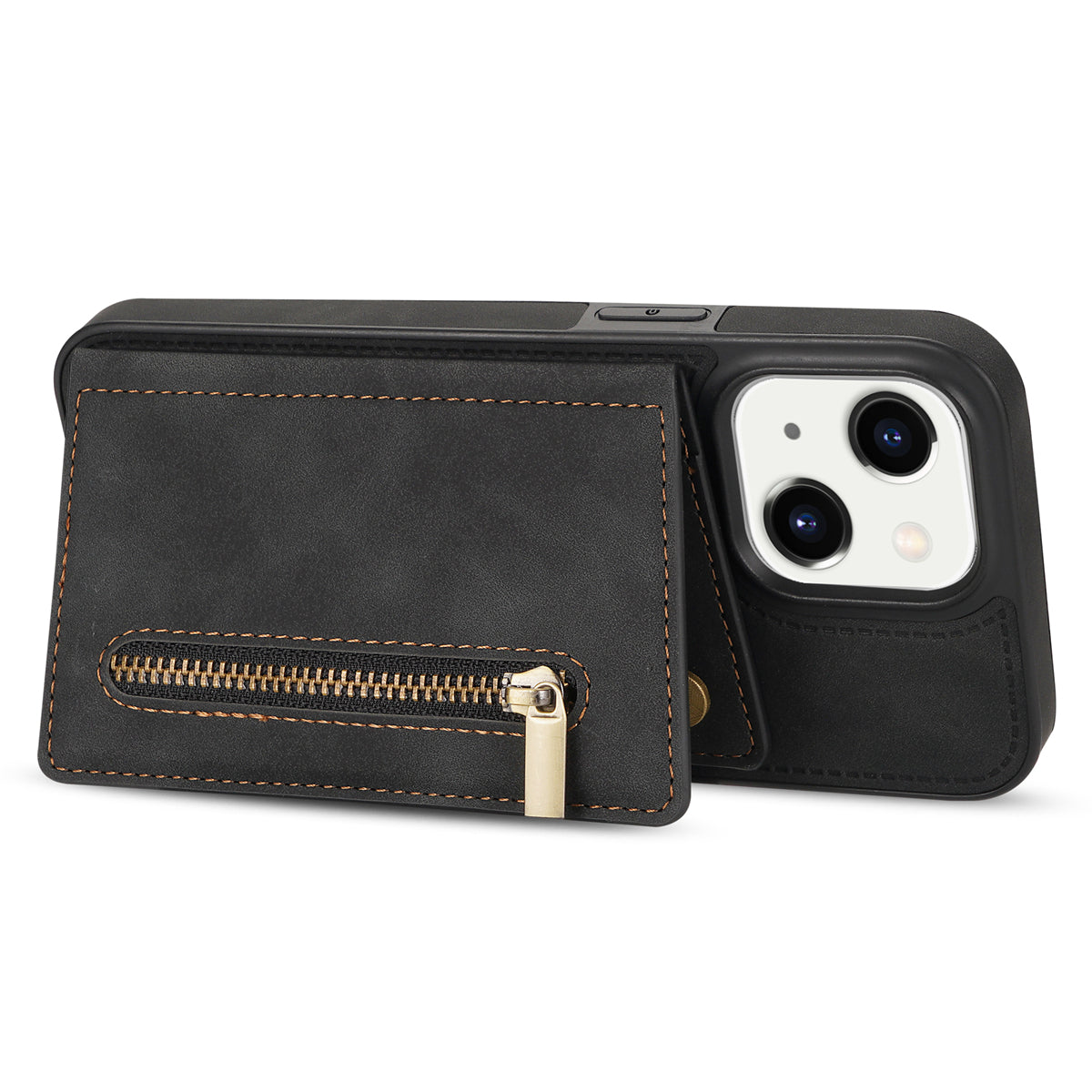 Zipper Pocket Leather Coated TPU Case for iPhone 15 , Kickstand Wallet Cell Phone Cover - Black