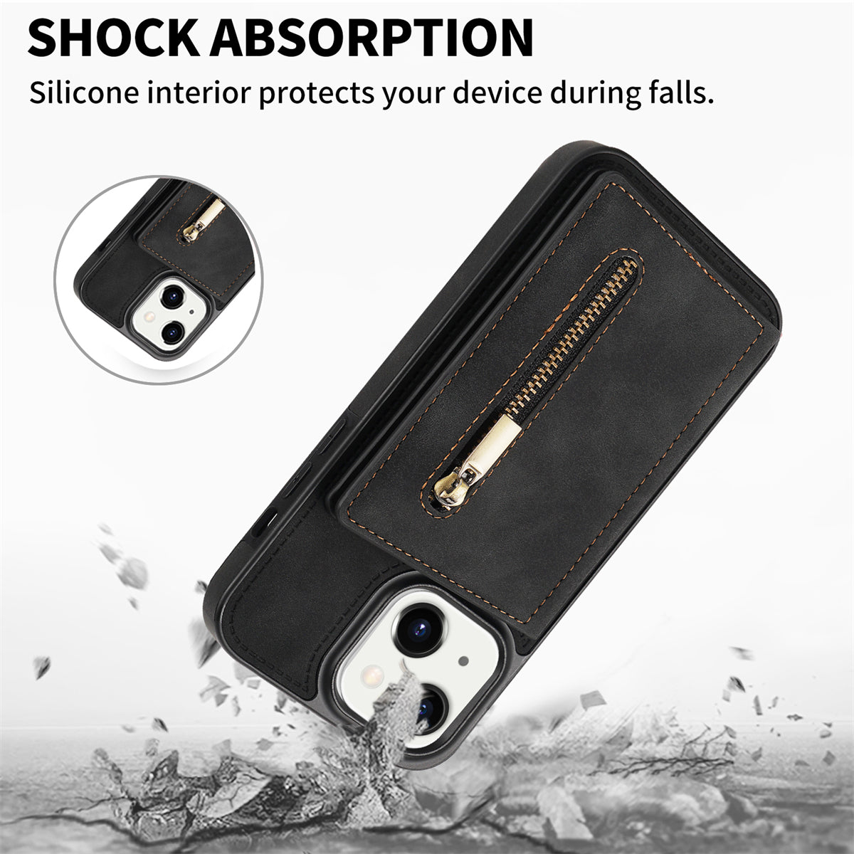 Zipper Pocket Leather Coated TPU Case for iPhone 15 , Kickstand Wallet Cell Phone Cover - Black
