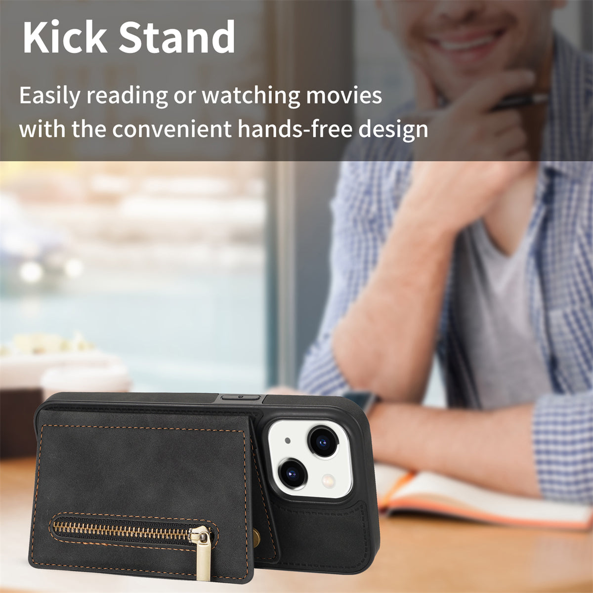 Zipper Pocket Leather Coated TPU Case for iPhone 15 , Kickstand Wallet Cell Phone Cover - Black